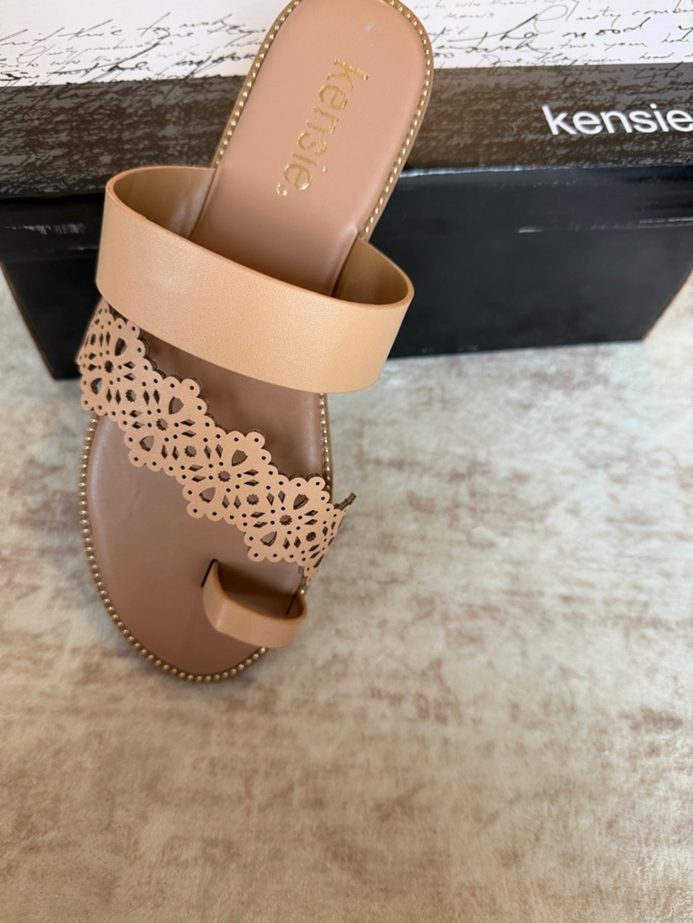 kensie Tan Laser-Cut Toe-Ring Slide Sandal
